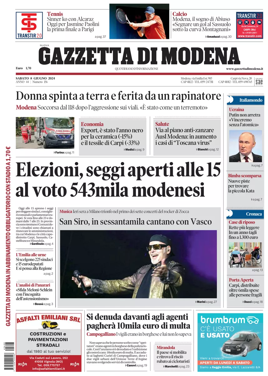 Prima-pagina-gazzetta di modena-oggi-edizione-del-2024-06-08